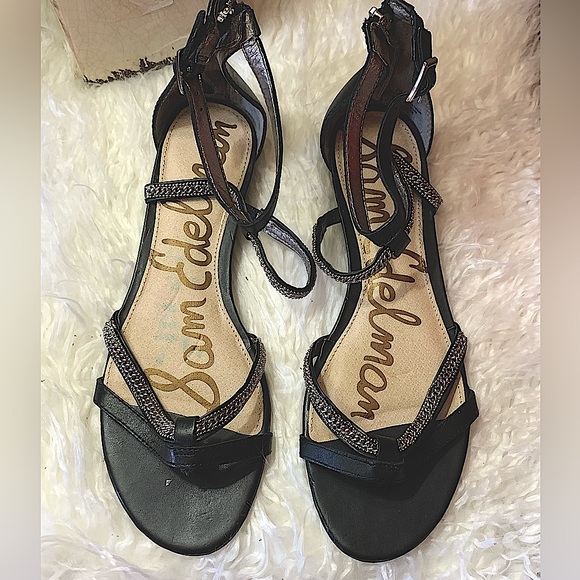 ❤️ Sam Edelman Renee Sandals Women's Size 7.5 Flats Black Chain Gladiator - Picture 1 of 6